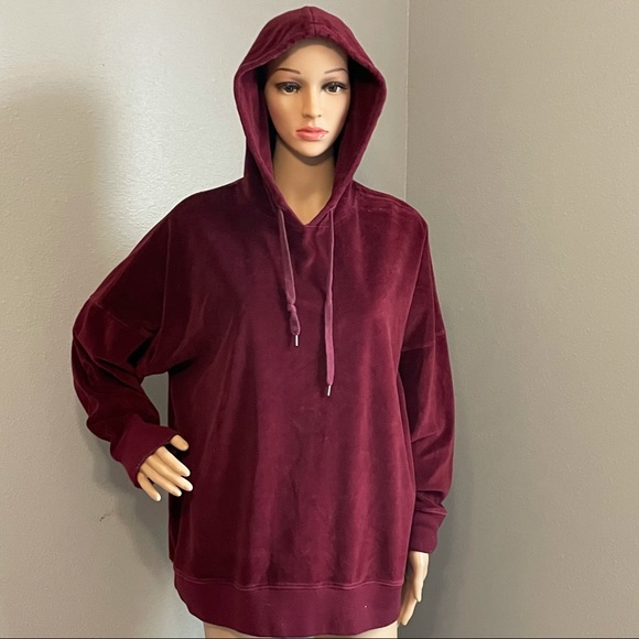 La Hearts Tops - L.A. Hearts Maroon Wine Colored Drawstring Hooded Velvet Sweatshirt Medium